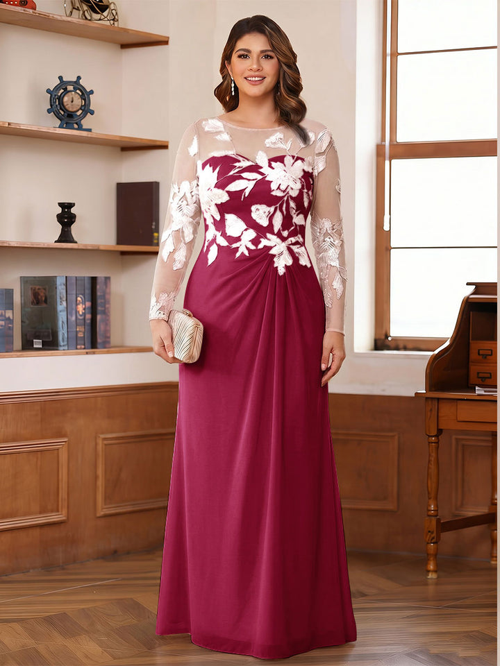 A-Line/Princess Scoop Long Sleeves Floor-Length Ruched Plus Size Mother of the Bride Dresses With Appliques
