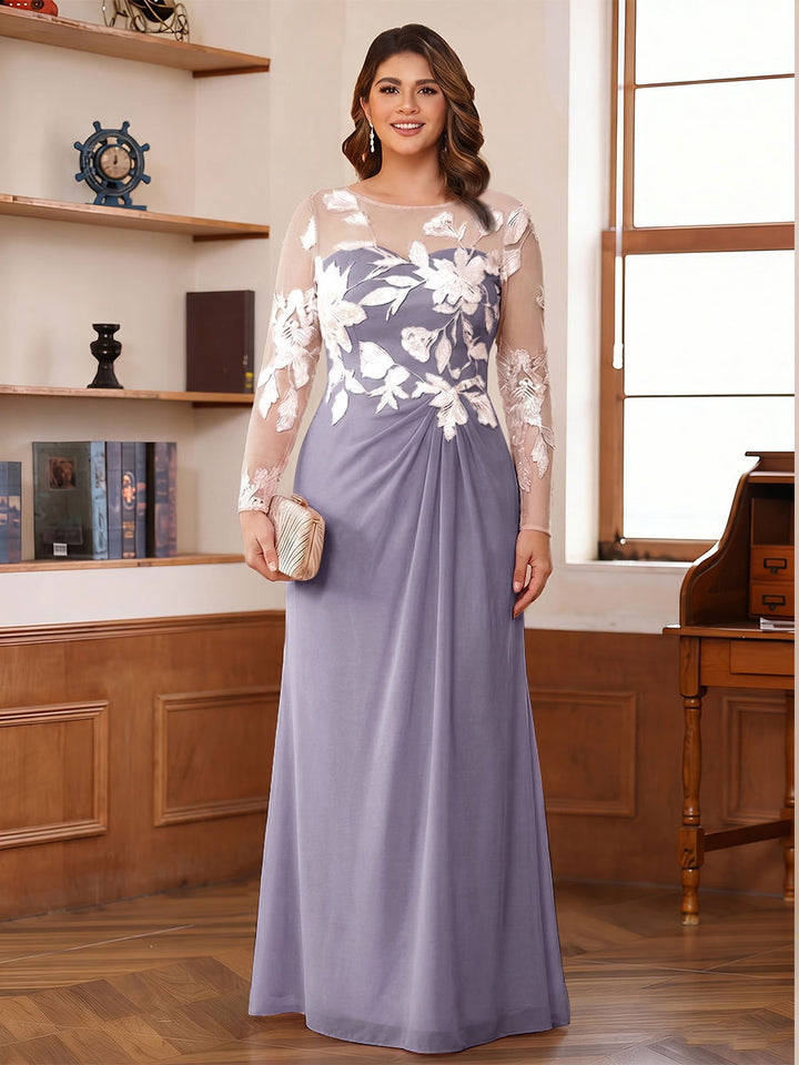 A-Line/Princess Scoop Long Sleeves Floor-Length Ruched Plus Size Mother of the Bride Dresses With Appliques
