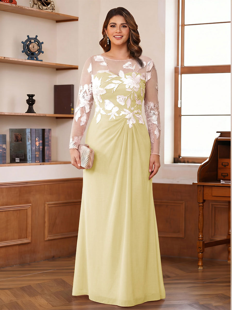 A-Line/Princess Scoop Long Sleeves Floor-Length Ruched Plus Size Mother of the Bride Dresses With Appliques