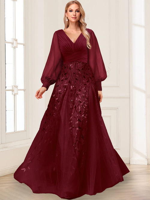 A-Line V-Neck Long Sleeves Split Side Mother of the Bride Dresses with Appliques