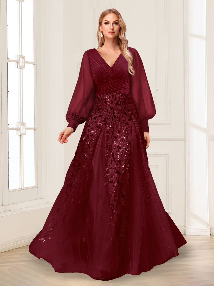A-Line V-Neck Long Sleeves Split Side Mother of the Bride Dresses with Appliques