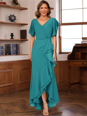 Trumpet/Mermaid V-Neck Short Sleeves Ruched Mother of the Bride Dresses with Ruffles