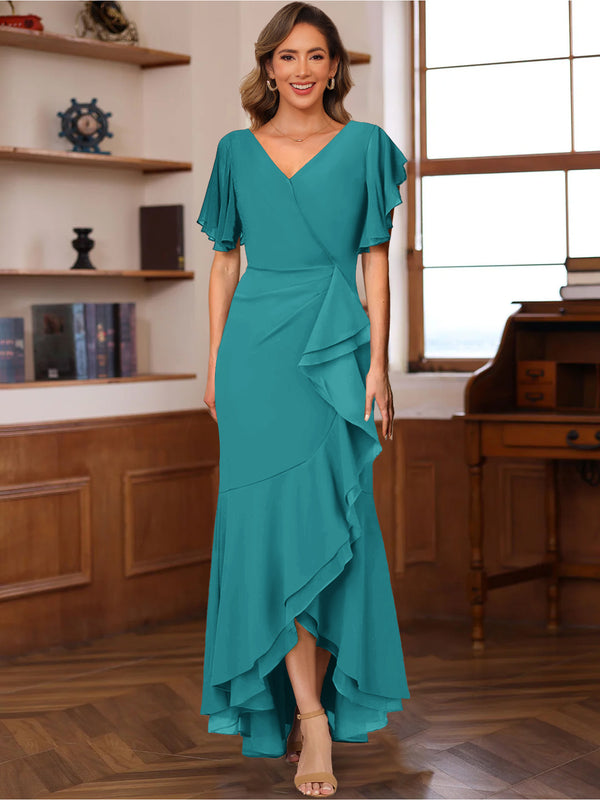 Trumpet/Mermaid V-Neck Short Sleeves Ruched Mother of the Bride Dresses with Ruffles