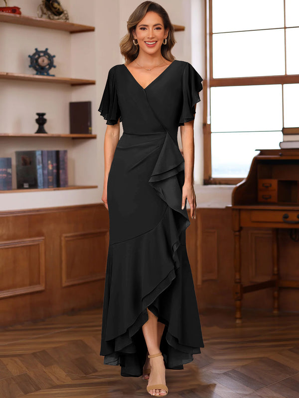 Trumpet/Mermaid V-Neck Short Sleeves Ruched Mother of the Bride Dresses with Ruffles