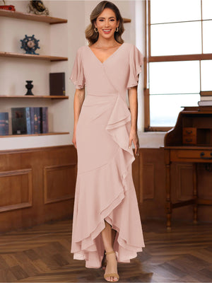 Trumpet/Mermaid V-Neck Short Sleeves Ruched Mother of the Bride Dresses with Ruffles