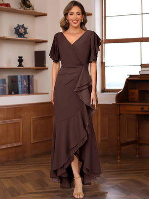 Trumpet/Mermaid V-Neck Short Sleeves Ruched Mother of the Bride Dresses with Ruffles