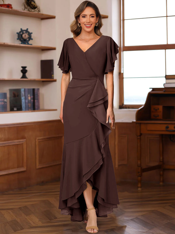 Trumpet/Mermaid V-Neck Short Sleeves Ruched Mother of the Bride Dresses with Ruffles