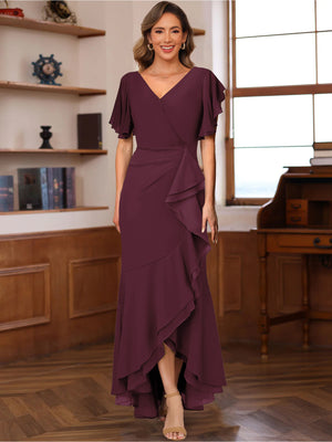 Trumpet/Mermaid V-Neck Short Sleeves Ruched Mother of the Bride Dresses with Ruffles