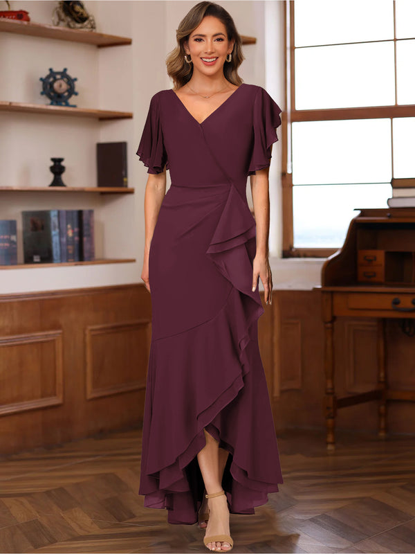 Trumpet/Mermaid V-Neck Short Sleeves Ruched Mother of the Bride Dresses with Ruffles