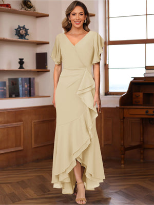 Trumpet/Mermaid V-Neck Short Sleeves Ruched Mother of the Bride Dresses with Ruffles