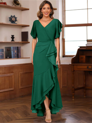 Trumpet/Mermaid V-Neck Short Sleeves Ruched Mother of the Bride Dresses with Ruffles