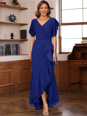 Trumpet/Mermaid V-Neck Short Sleeves Ruched Mother of the Bride Dresses with Ruffles