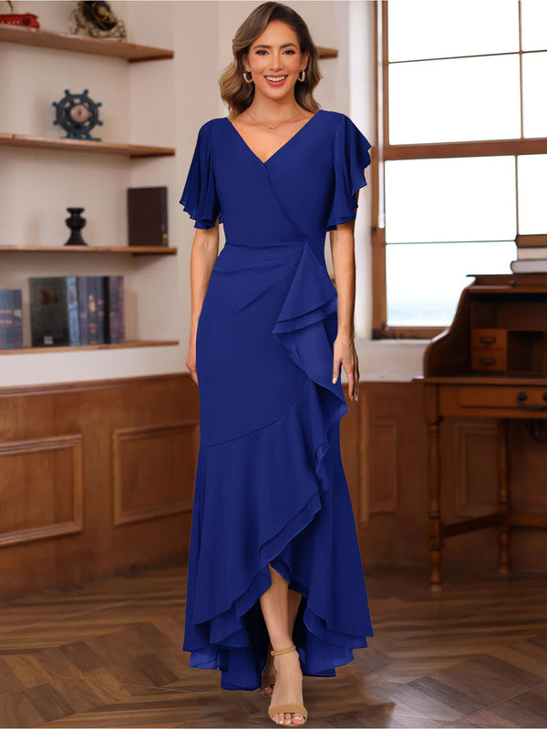 Trumpet/Mermaid V-Neck Short Sleeves Ruched Mother of the Bride Dresses with Ruffles