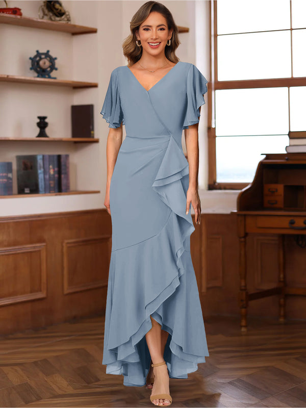 Trumpet/Mermaid V-Neck Short Sleeves Ruched Mother of the Bride Dresses with Ruffles