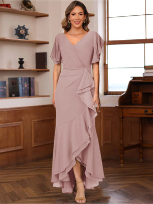 Trumpet/Mermaid V-Neck Short Sleeves Ruched Mother of the Bride Dresses with Ruffles