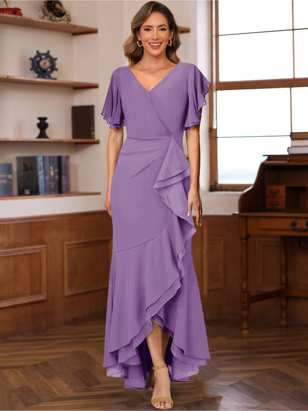 Trumpet/Mermaid V-Neck Short Sleeves Ruched Mother of the Bride Dresses with Ruffles