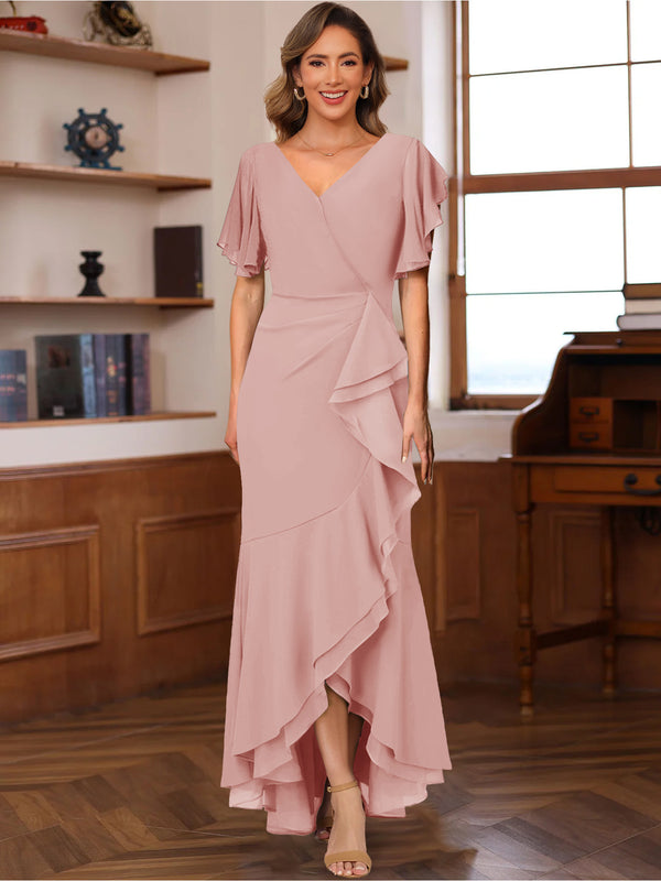 Trumpet/Mermaid V-Neck Short Sleeves Ruched Mother of the Bride Dresses with Ruffles