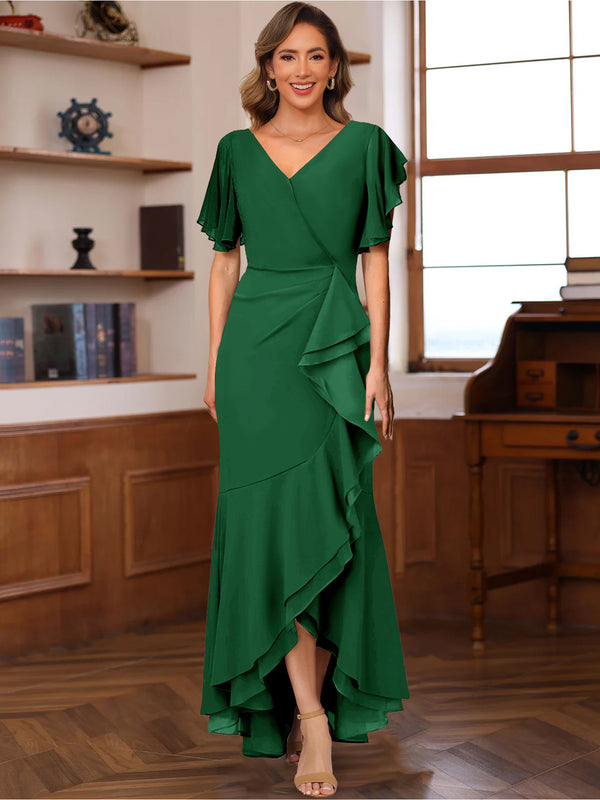 Trumpet/Mermaid V-Neck Short Sleeves Ruched Mother of the Bride Dresses with Ruffles