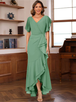 Trumpet/Mermaid V-Neck Short Sleeves Ruched Mother of the Bride Dresses with Ruffles
