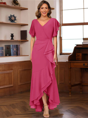Trumpet/Mermaid V-Neck Short Sleeves Ruched Mother of the Bride Dresses with Ruffles