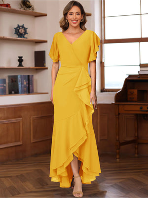 Trumpet/Mermaid V-Neck Short Sleeves Ruched Mother of the Bride Dresses with Ruffles