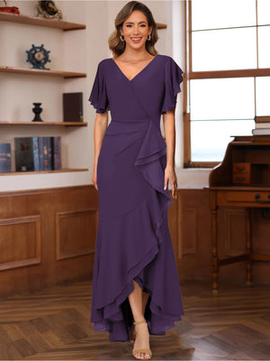 Trumpet/Mermaid V-Neck Short Sleeves Ruched Mother of the Bride Dresses with Ruffles