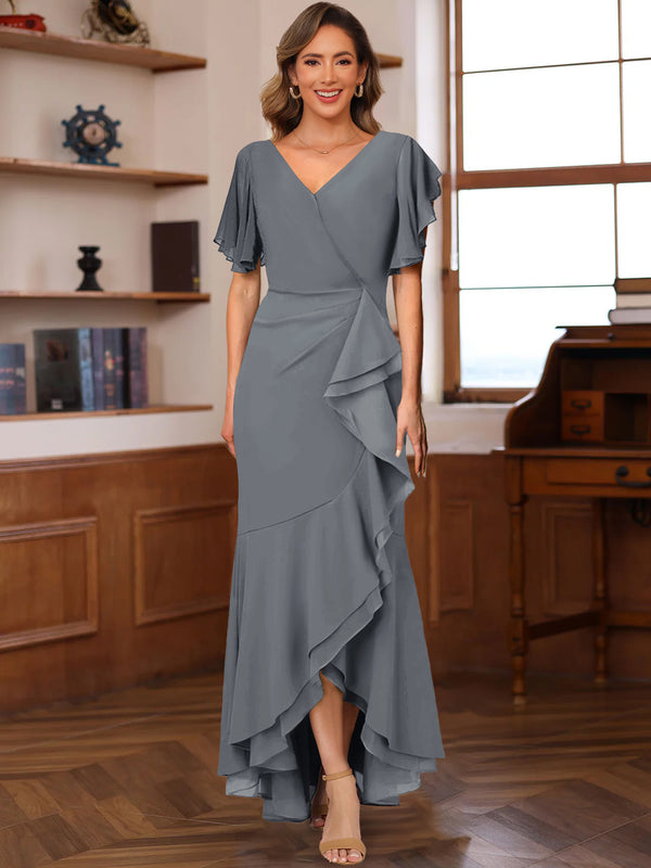 Trumpet/Mermaid V-Neck Short Sleeves Ruched Mother of the Bride Dresses with Ruffles