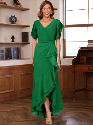 Trumpet/Mermaid V-Neck Short Sleeves Ruched Mother of the Bride Dresses with Ruffles