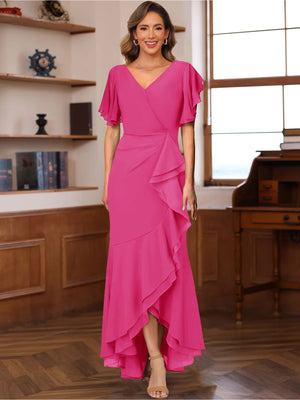 Trumpet/Mermaid V-Neck Short Sleeves Ruched Mother of the Bride Dresses with Ruffles