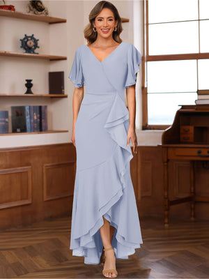 Trumpet/Mermaid V-Neck Short Sleeves Ruched Mother of the Bride Dresses with Ruffles