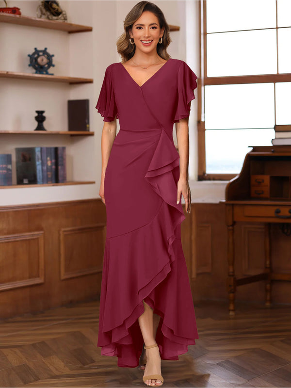 Trumpet/Mermaid V-Neck Short Sleeves Ruched Mother of the Bride Dresses with Ruffles