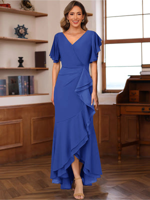 Trumpet/Mermaid V-Neck Short Sleeves Ruched Mother of the Bride Dresses with Ruffles