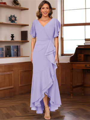 Trumpet/Mermaid V-Neck Short Sleeves Ruched Mother of the Bride Dresses with Ruffles