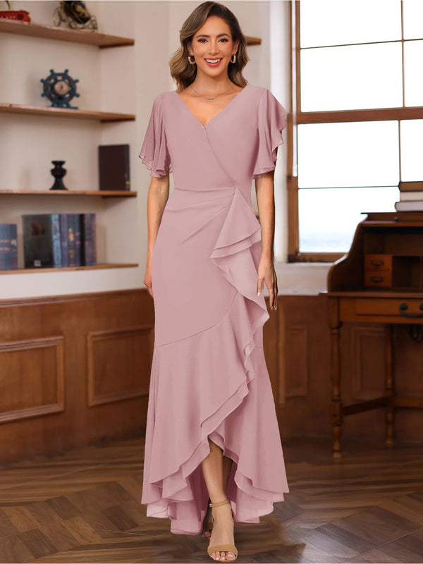 Trumpet/Mermaid V-Neck Short Sleeves Ruched Mother of the Bride Dresses with Ruffles