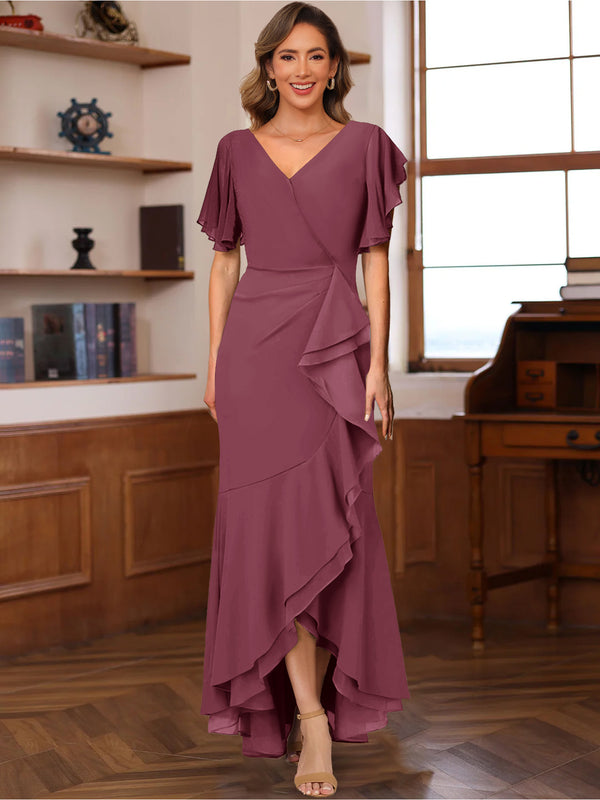 Trumpet/Mermaid V-Neck Short Sleeves Ruched Mother of the Bride Dresses with Ruffles