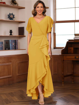 Trumpet/Mermaid V-Neck Short Sleeves Ruched Mother of the Bride Dresses with Ruffles