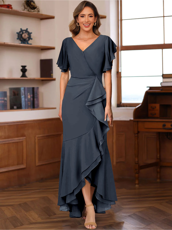 Trumpet/Mermaid V-Neck Short Sleeves Ruched Mother of the Bride Dresses with Ruffles