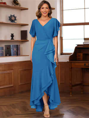 Trumpet/Mermaid V-Neck Short Sleeves Ruched Mother of the Bride Dresses with Ruffles