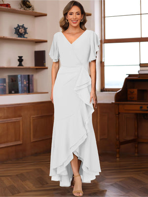 Trumpet/Mermaid V-Neck Short Sleeves Ruched Mother of the Bride Dresses with Ruffles