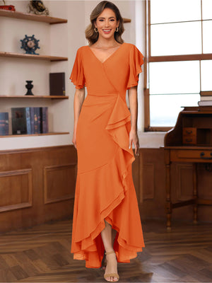 Trumpet/Mermaid V-Neck Short Sleeves Ruched Mother of the Bride Dresses with Ruffles