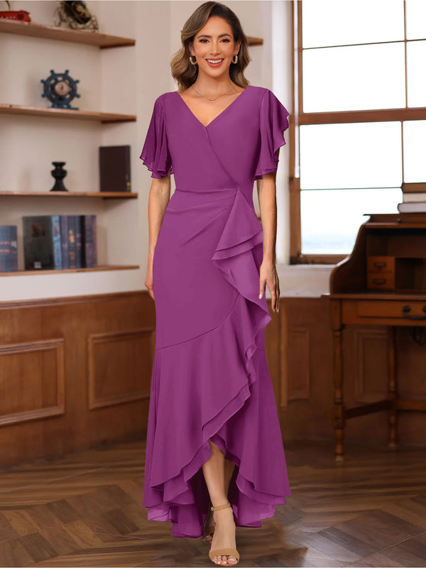 Trumpet/Mermaid V-Neck Short Sleeves Ruched Mother of the Bride Dresses with Ruffles