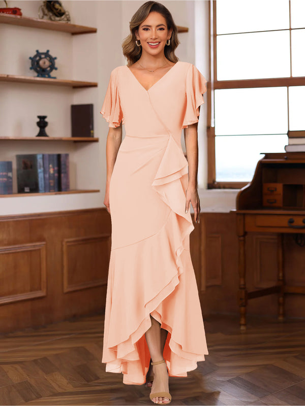 Trumpet/Mermaid V-Neck Short Sleeves Ruched Mother of the Bride Dresses with Ruffles