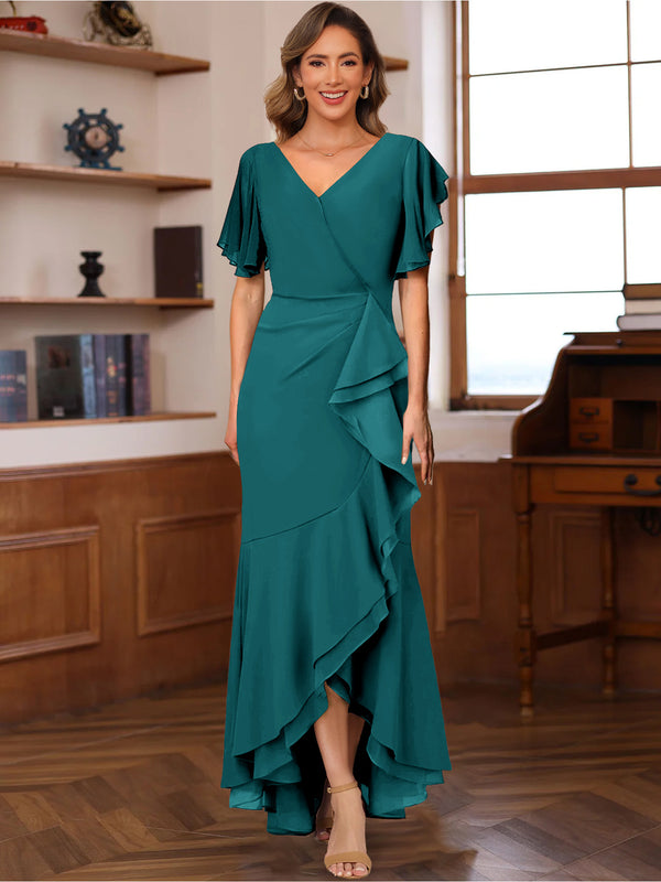 Trumpet/Mermaid V-Neck Short Sleeves Ruched Mother of the Bride Dresses with Ruffles