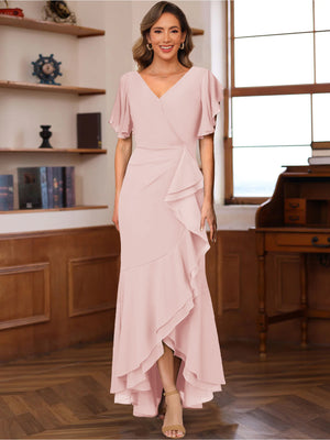 Trumpet/Mermaid V-Neck Short Sleeves Ruched Mother of the Bride Dresses with Ruffles