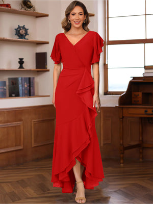 Trumpet/Mermaid V-Neck Short Sleeves Ruched Mother of the Bride Dresses with Ruffles