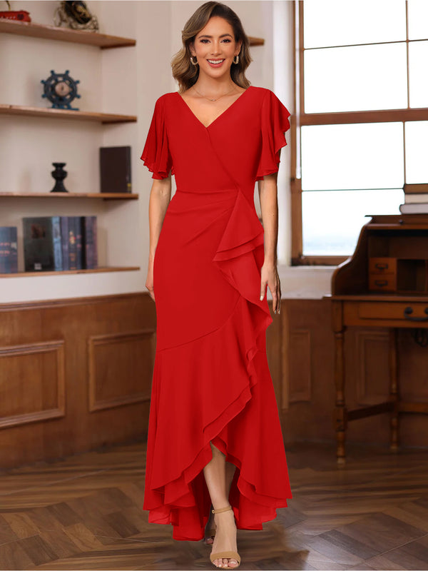 Trumpet/Mermaid V-Neck Short Sleeves Ruched Mother of the Bride Dresses with Ruffles