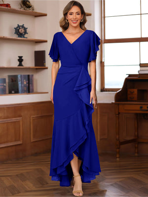 Trumpet/Mermaid V-Neck Short Sleeves Ruched Mother of the Bride Dresses with Ruffles