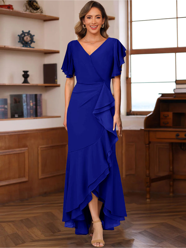 Trumpet/Mermaid V-Neck Short Sleeves Ruched Mother of the Bride Dresses with Ruffles