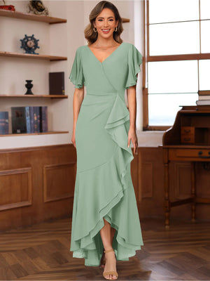 Trumpet/Mermaid V-Neck Short Sleeves Ruched Mother of the Bride Dresses with Ruffles