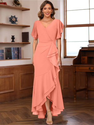Trumpet/Mermaid V-Neck Short Sleeves Ruched Mother of the Bride Dresses with Ruffles